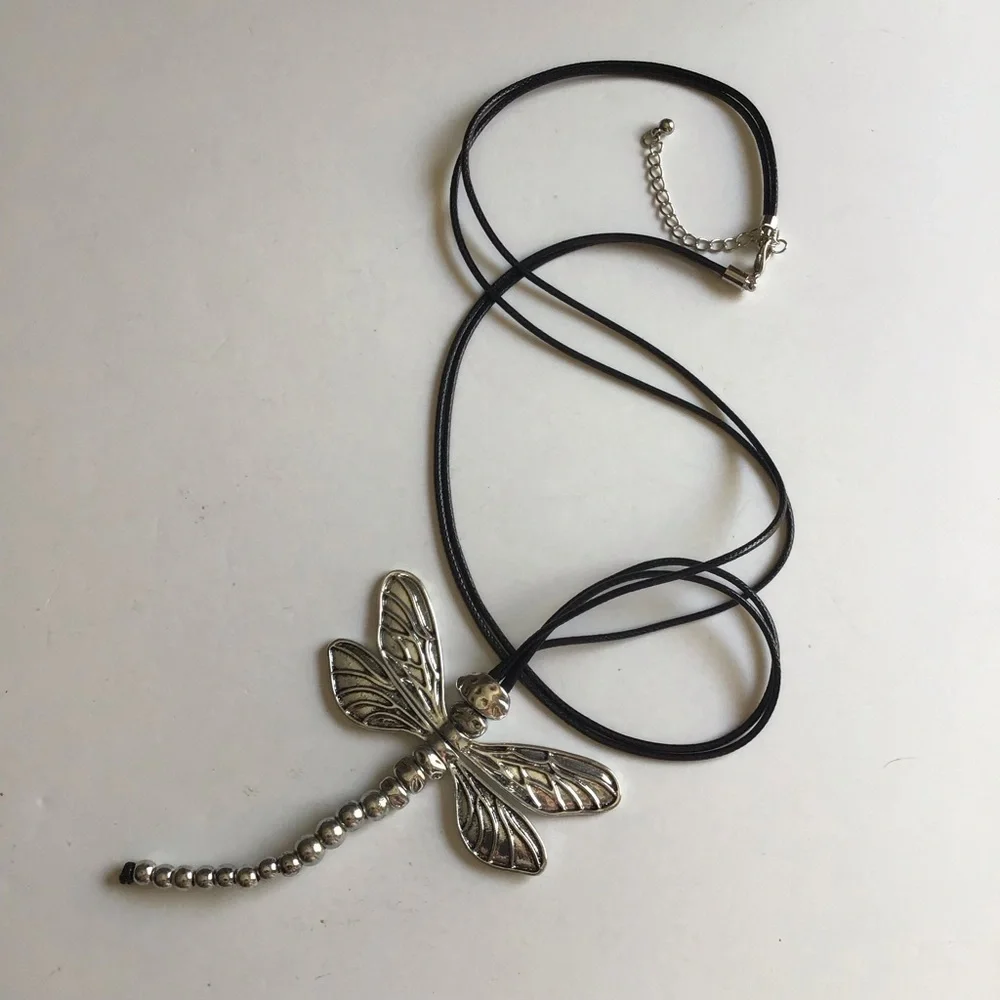 LAST 1! NEW Dragonfly Statement Necklace Movable Wings Gardener Black Cord Lucky